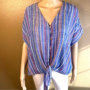 For The Republic 100% Rayon Stripped Blue Top With Tie-Front Sz 1X